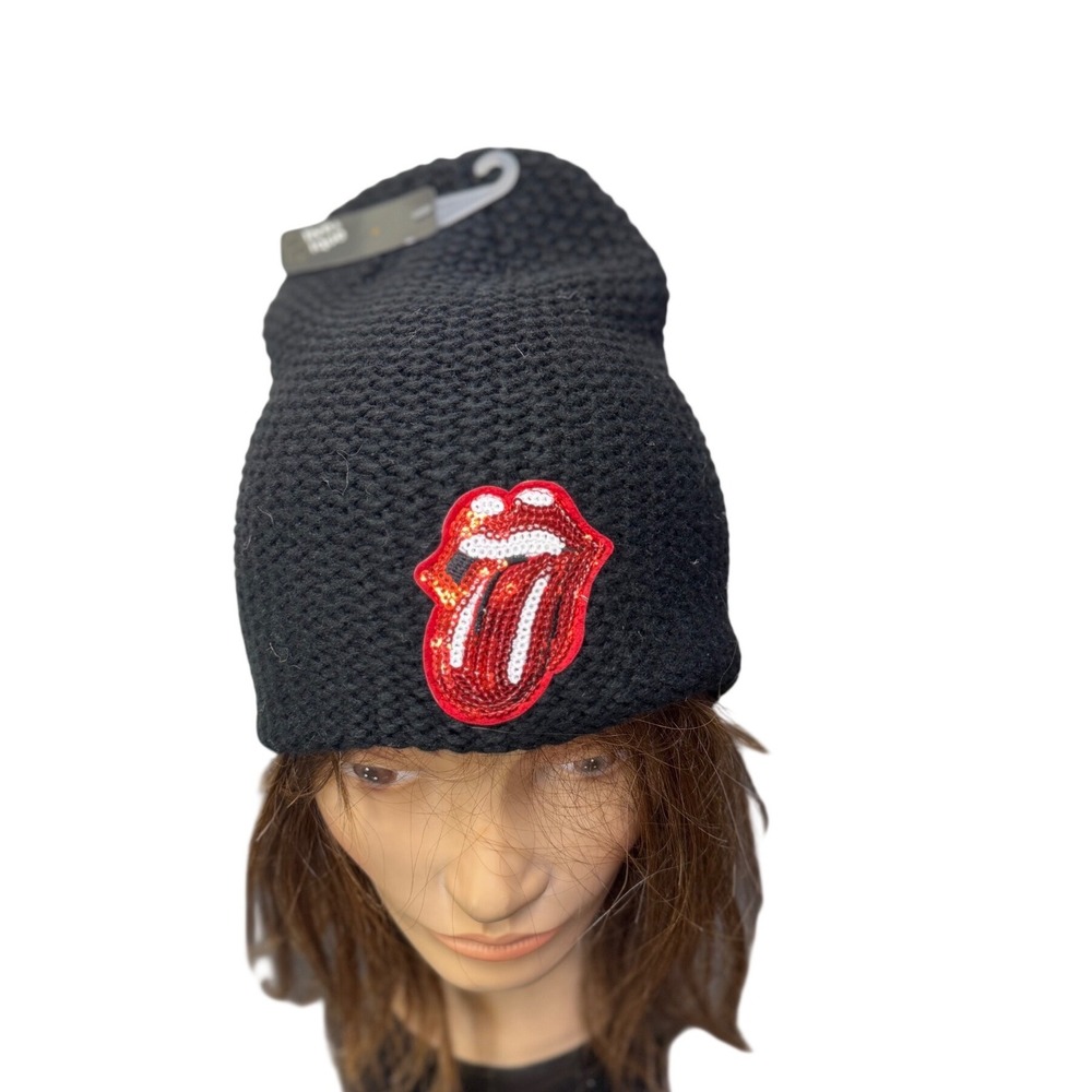 Olive & Pique Rolling Stones Sequin Tongue Patch Black Knit Slouchy Beanie Hat